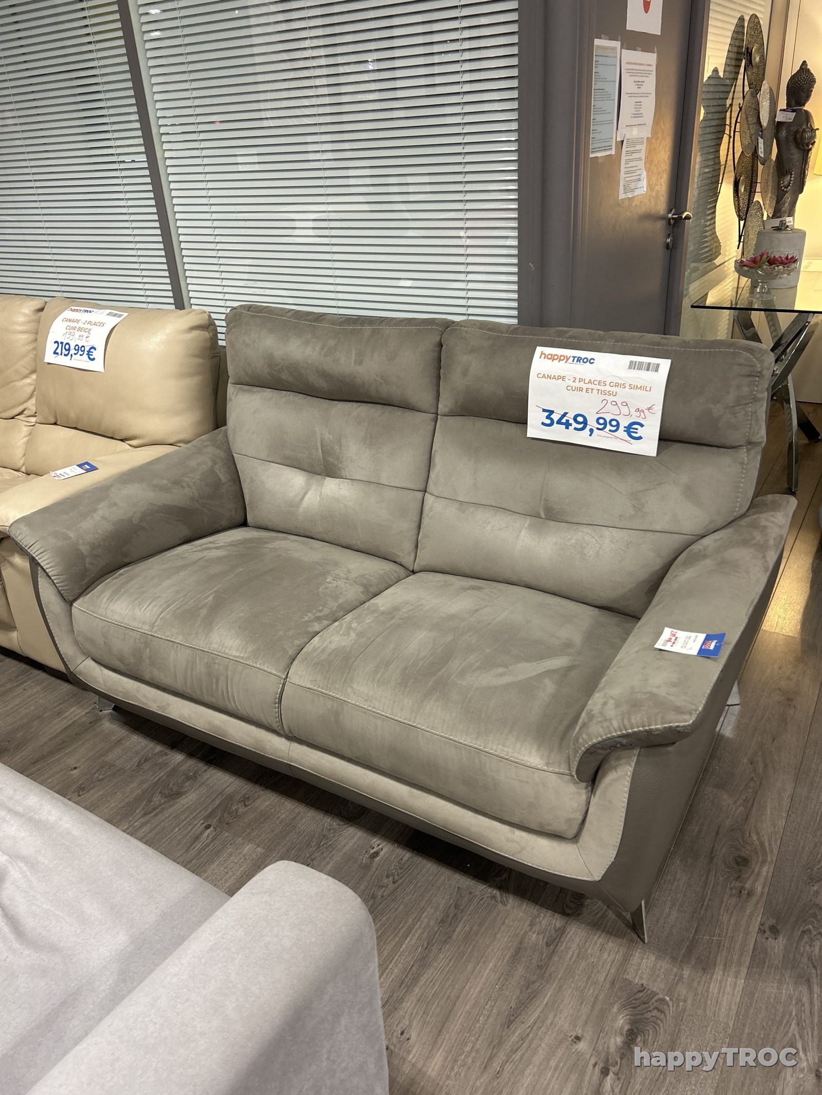 Canape 2 places gris simili cuir et tissu