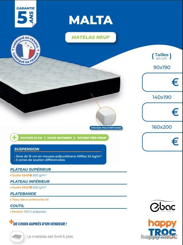 Matelas MALTA, mousse haute densité, disponible en 90, 140 et 160 cm