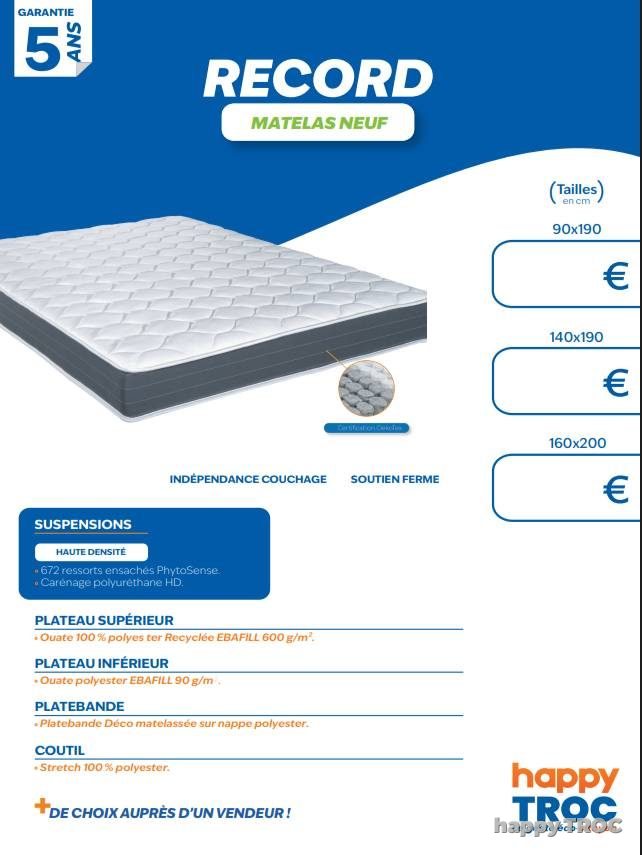 Matelas RECORD, ressorts ensachés. Disponible en 90, 140 et 160 cm