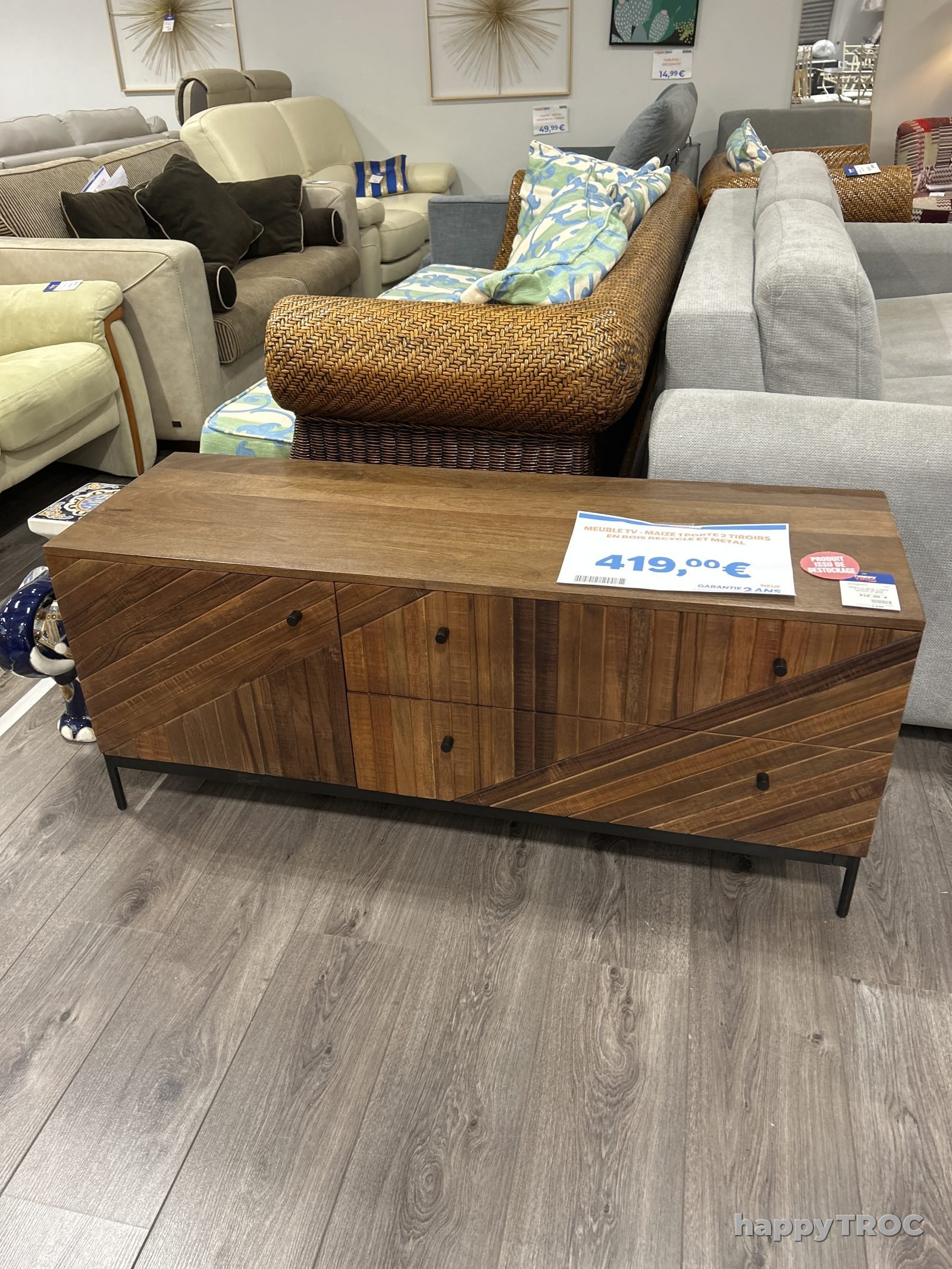 Meuble tv maize 1 porte 2 tiroirs en bois recycle et metal