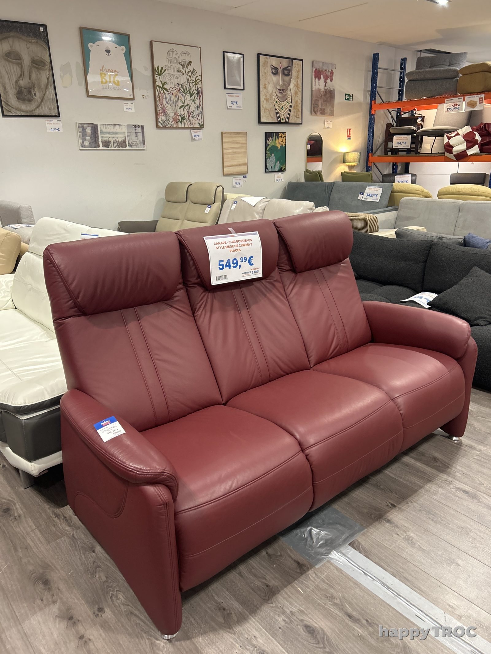 canape cuir bordeaux style siege de cinema 3 places