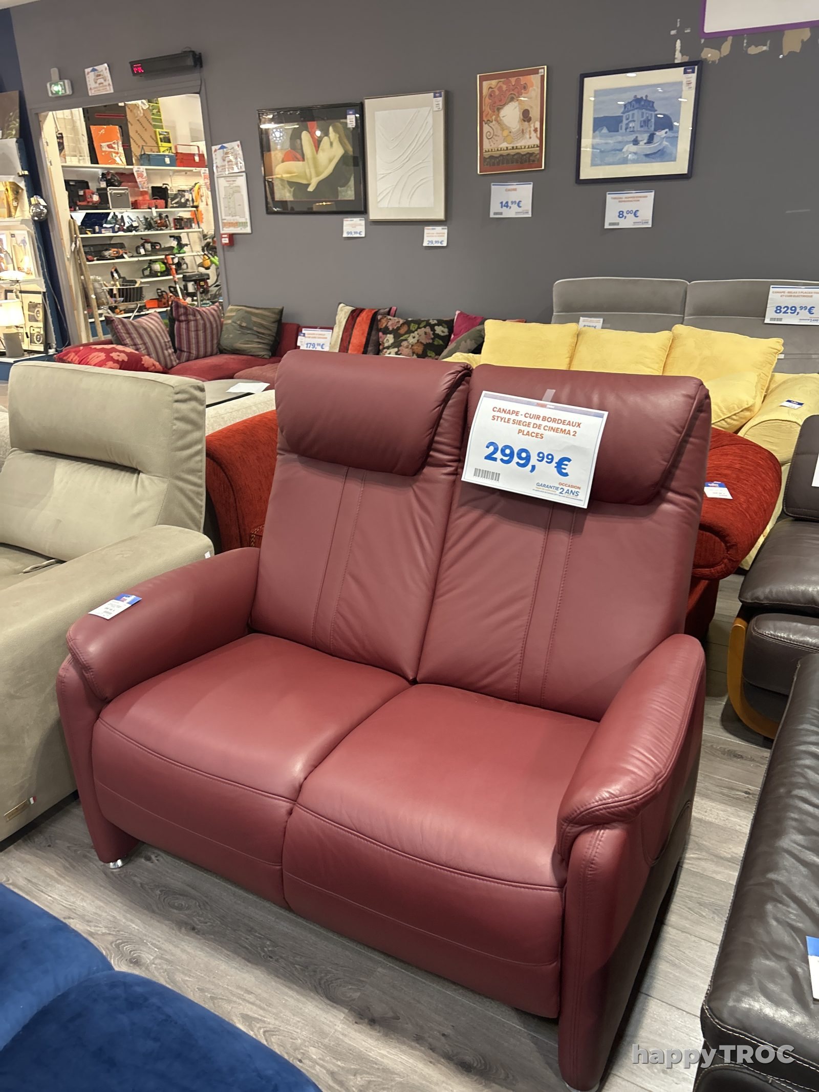 Canape cuir bordeaux style siege de cinema 2 places