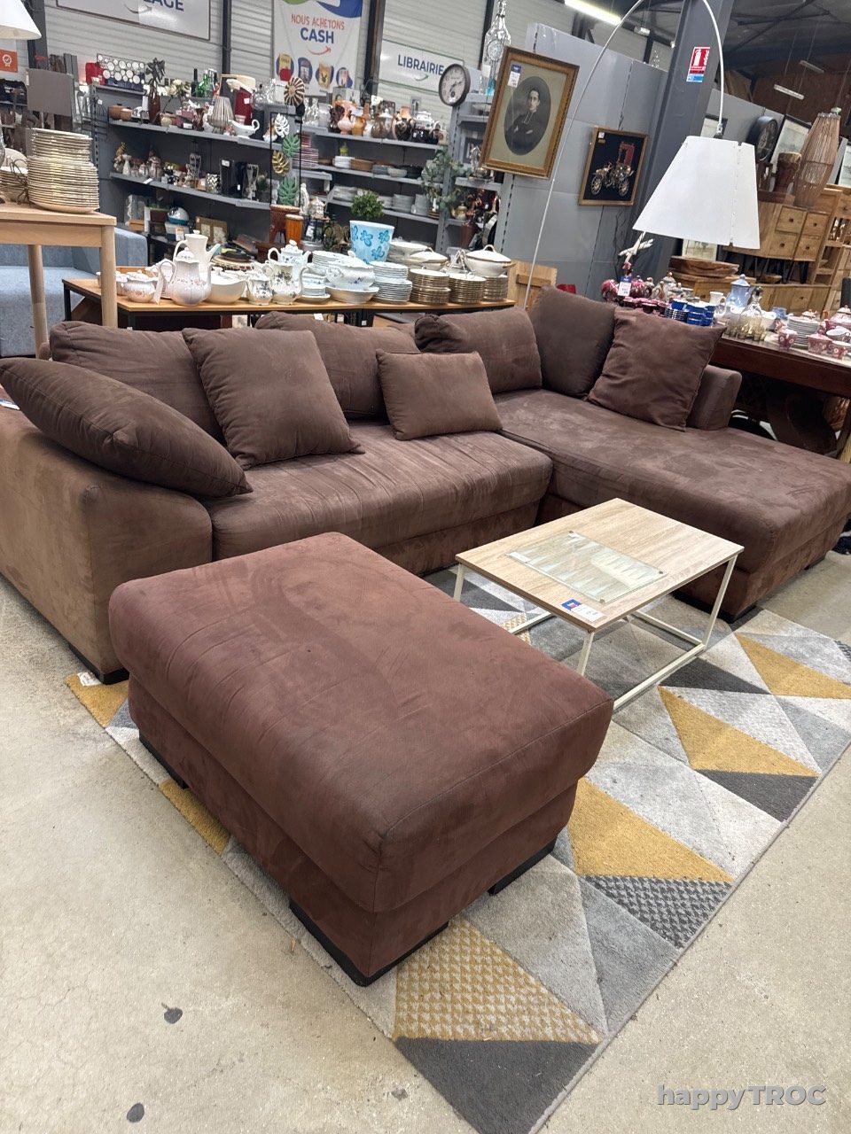 Canape d'angle marron transformable en lit et pouf et rangement
