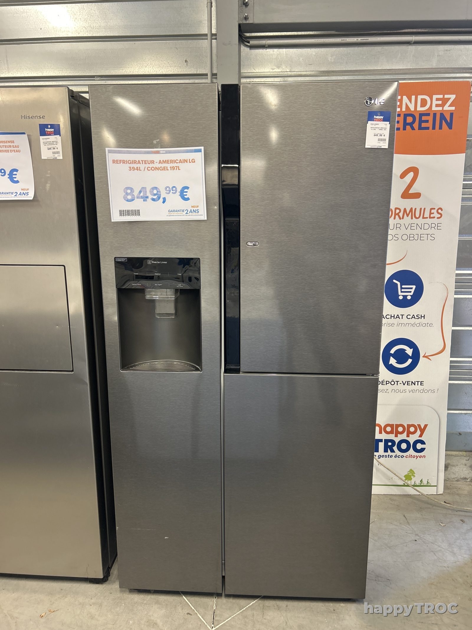 refrigirateur americain lg 394l congel 197l distributeur, eau, glaçons, glace pilée pas d’arrivée d’eau bac à l’intérieur