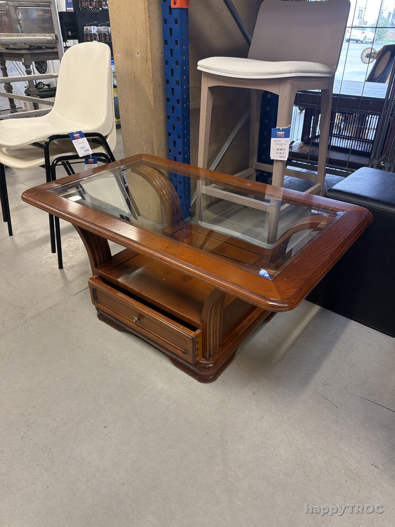 Table basse bois plateau verre 1 tiroir